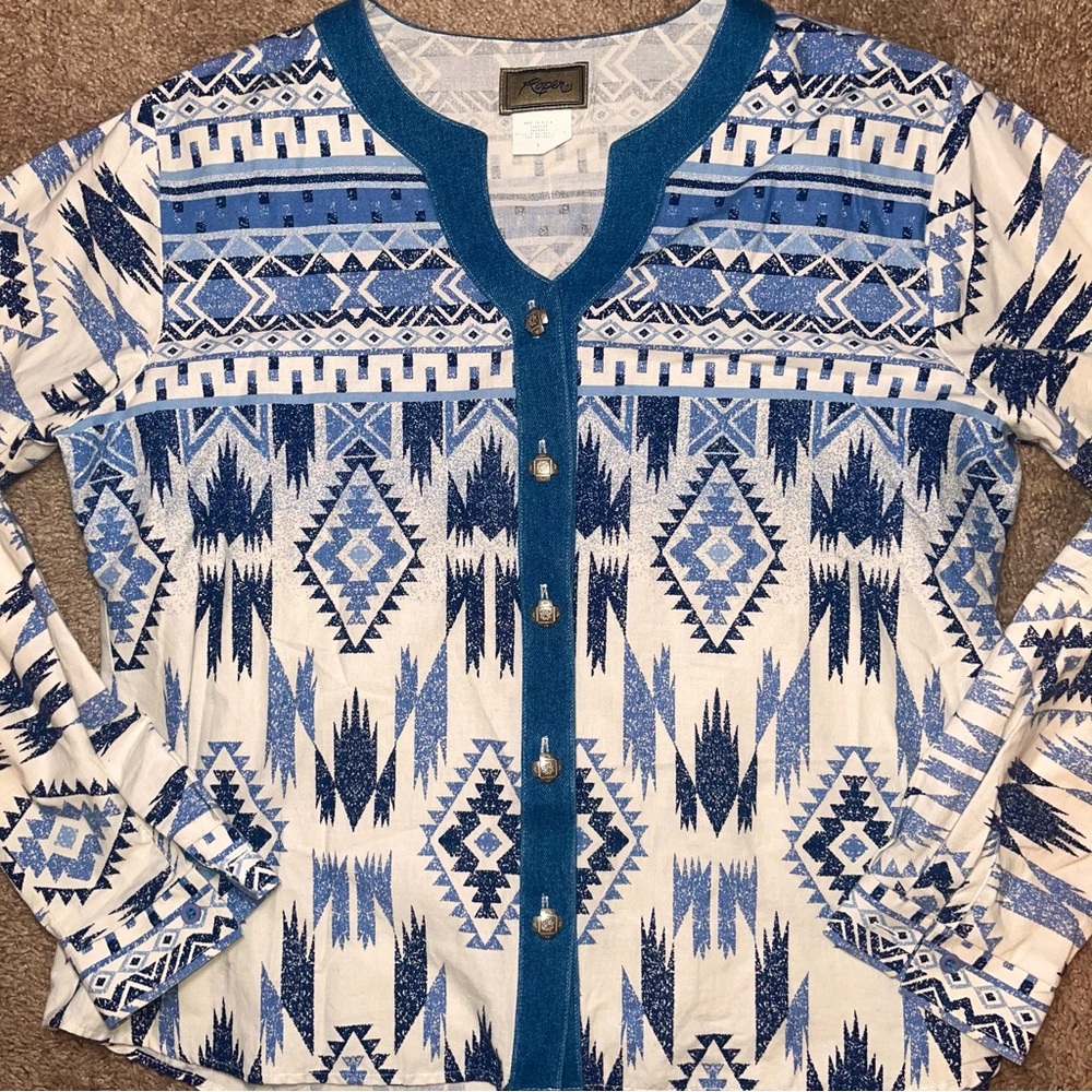 Vintage Roper Western‎ Aztec Pearl Snap Shirt Blue White USA Southwestern L